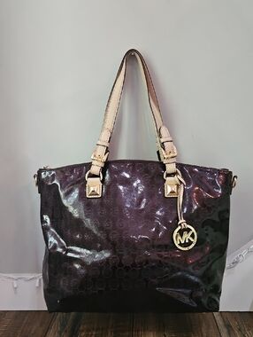 Michael Kors Chocolate Brown Patent Tote with Cream Straps and Gold Charm